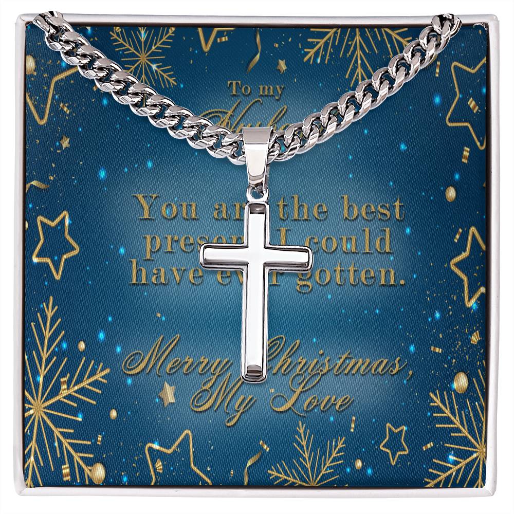 To My Husband Christmas Personalized Cross with Cuban Chain Necklace
