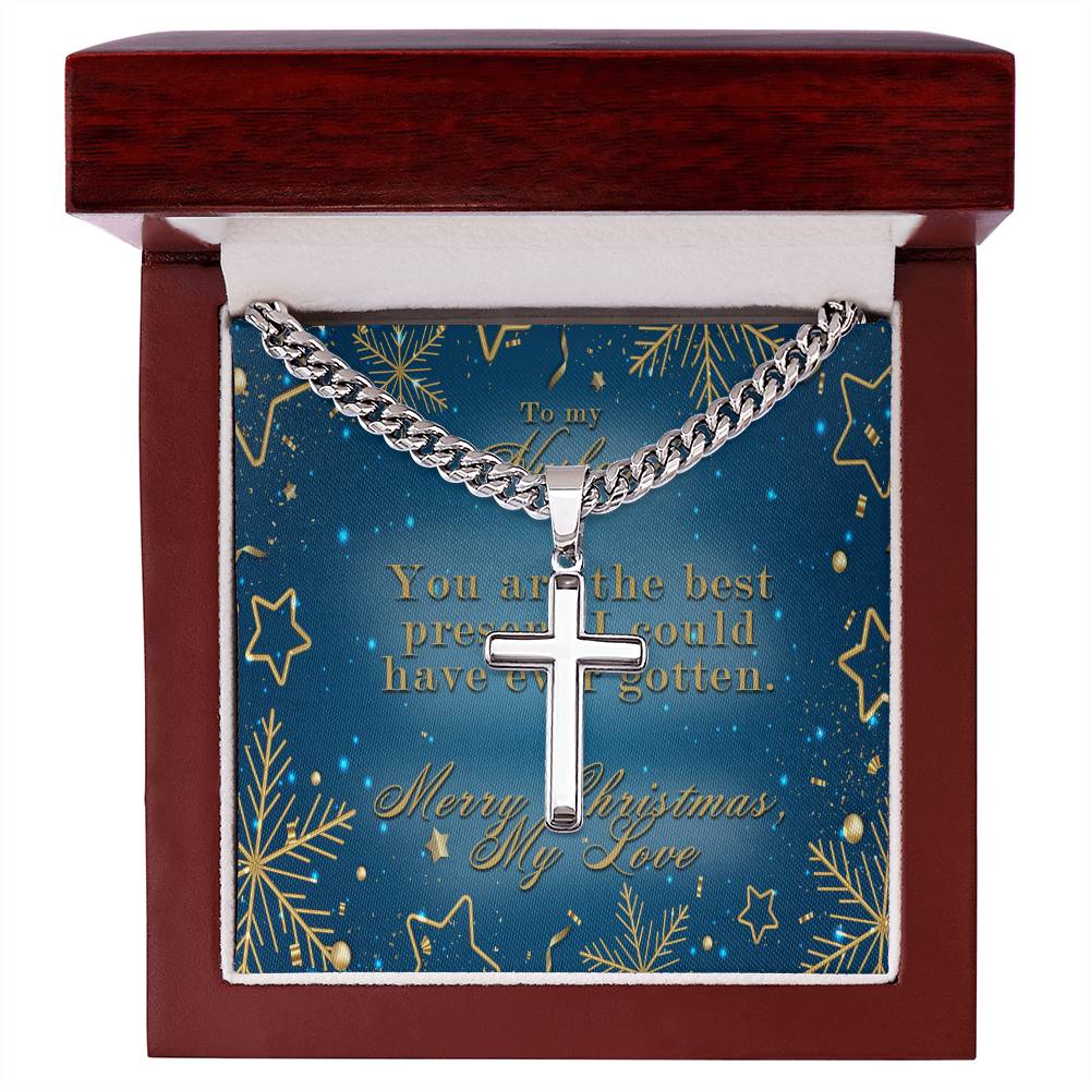To My Husband Christmas Personalized Cross with Cuban Chain Necklace