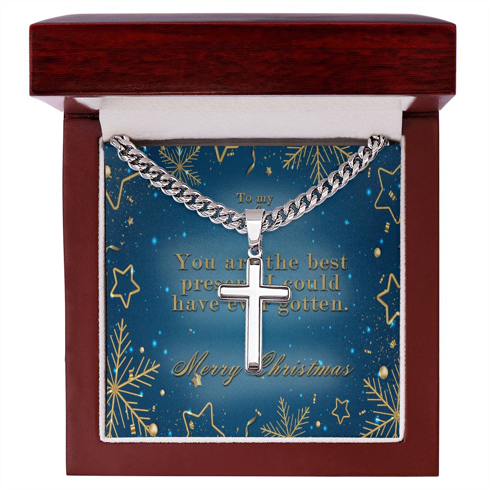 Merry Christmas Personalized Cross with Cuban Chain Necklace