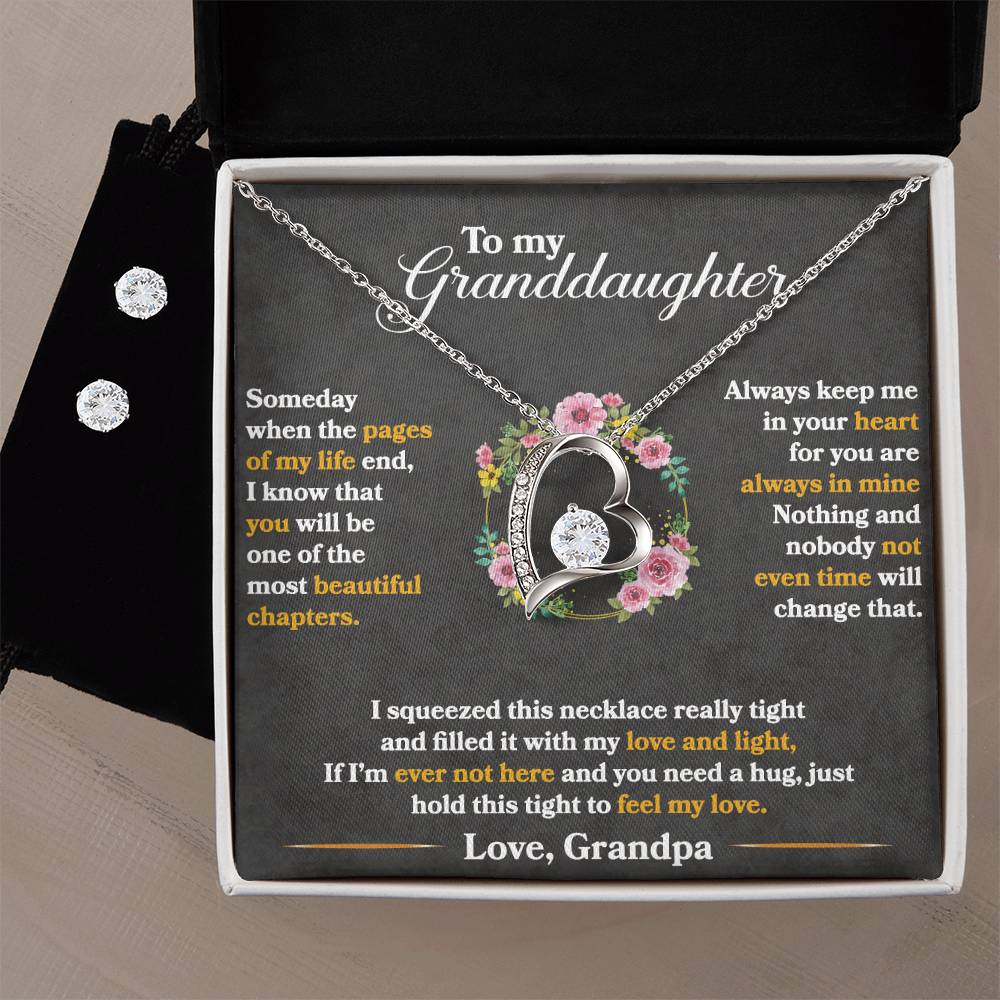 To My Granddaughter, Hold This Tight To Feel My Love - Forever Love Heart Necklace and Earring Set