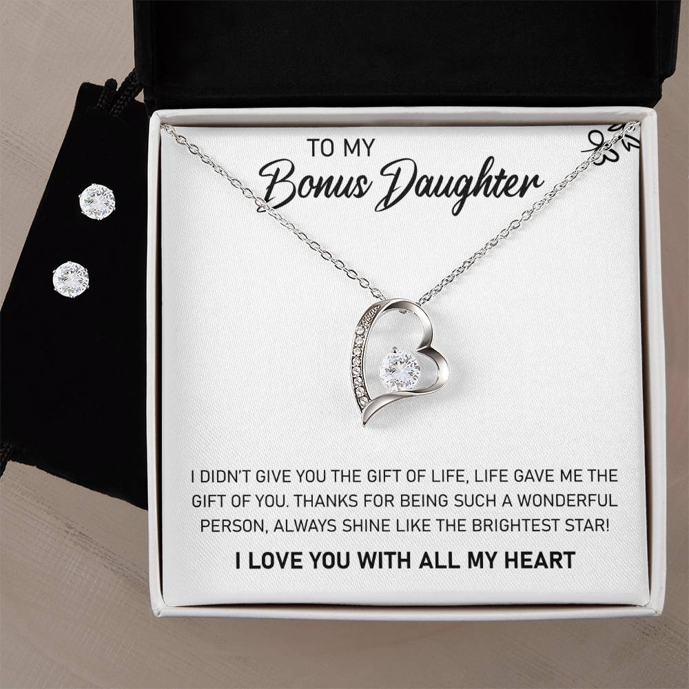 To My Bonus Daughter, Always Shine Like The Brightest Star - Forever Love Heart Necklace and Earring Set