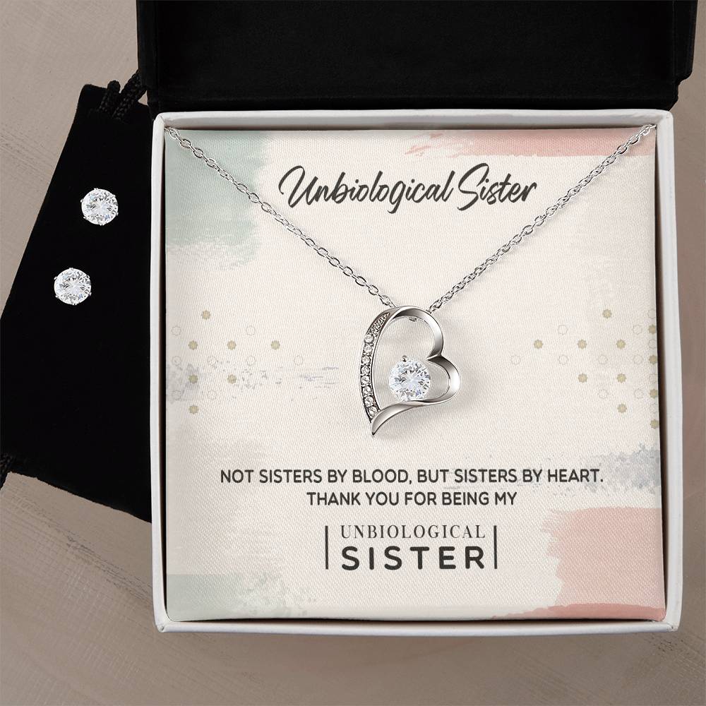 To My Unbiological Sister, Thank You - Forever Love Heart Necklace and Earring Set