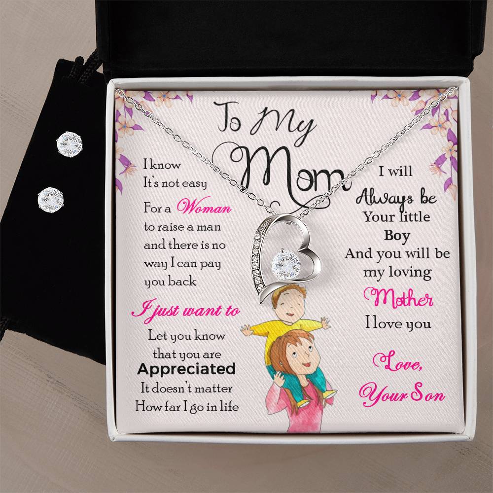 To My Mom, I Will Always Be Your Little Boy - Forever Love Heart Necklace and Earring Set