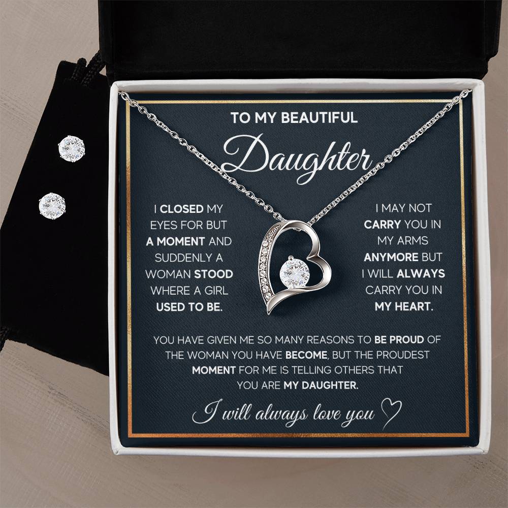 To My Daughter, I Will Always Carry You In My Heart - Forever Love Heart Necklace and Earring Set