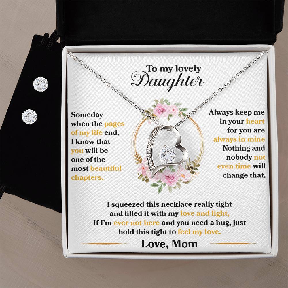 To My Lovely Daughter, Hold This Tight To Feel My Love - Forever Love Heart Necklace and Earring Set