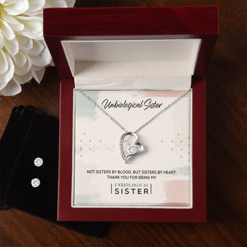 To My Unbiological Sister, Thank You - Forever Love Heart Necklace and Earring Set