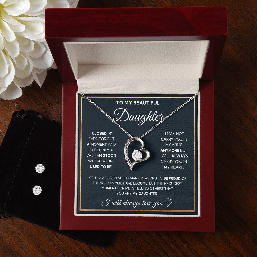 To My Daughter, I Will Always Carry You In My Heart - Forever Love Heart Necklace and Earring Set