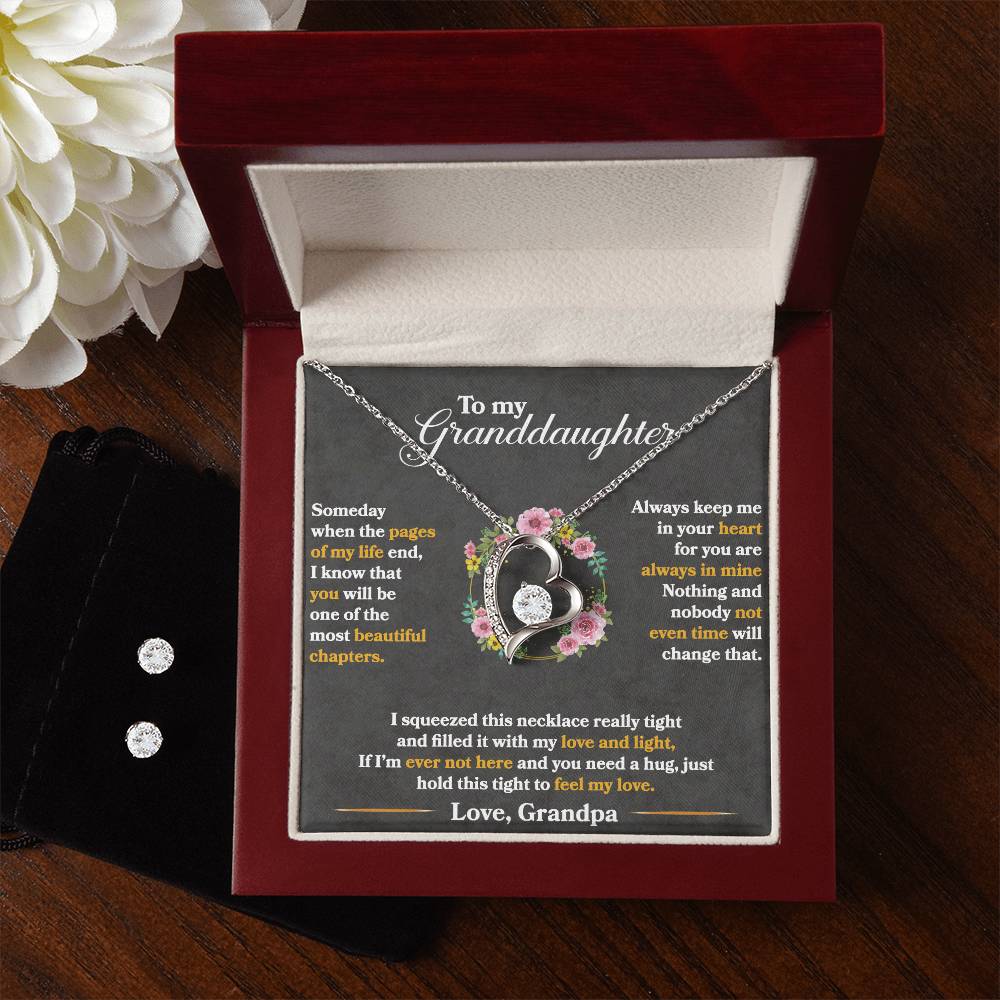 To My Granddaughter, Hold This Tight To Feel My Love - Forever Love Heart Necklace and Earring Set