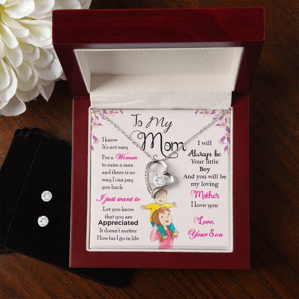 To My Mom, I Will Always Be Your Little Boy - Forever Love Heart Necklace and Earring Set