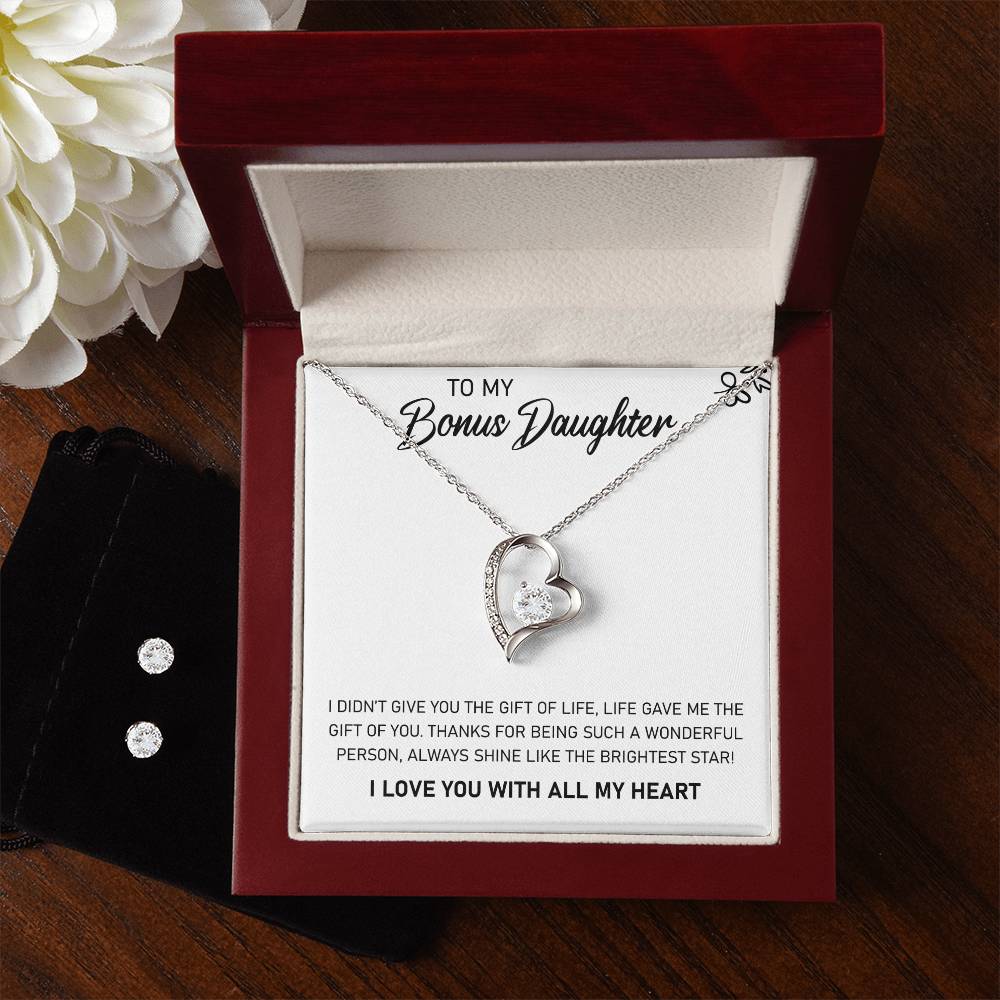 To My Bonus Daughter, Always Shine Like The Brightest Star - Forever Love Heart Necklace and Earring Set