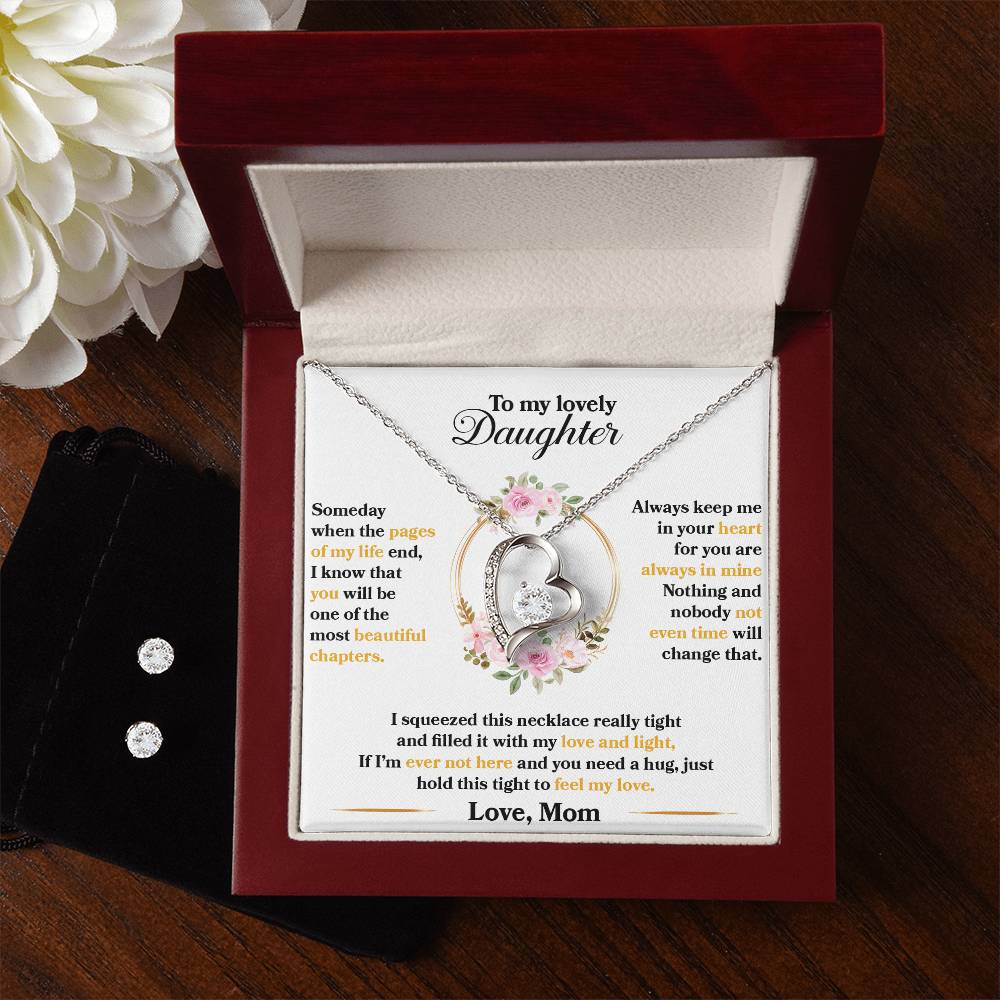 To My Lovely Daughter, Hold This Tight To Feel My Love - Forever Love Heart Necklace and Earring Set