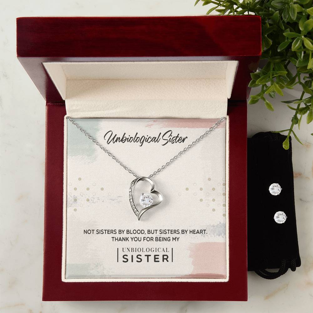 To My Unbiological Sister, Thank You - Forever Love Heart Necklace and Earring Set