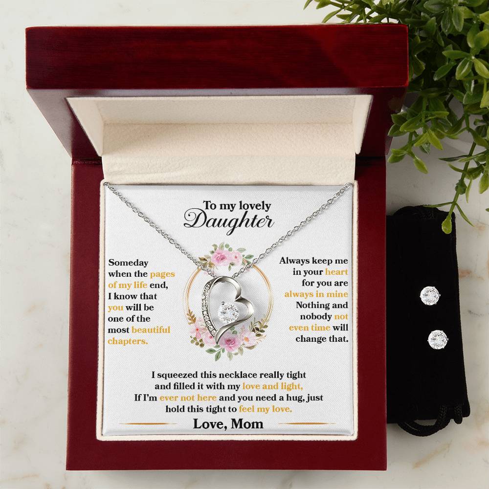To My Lovely Daughter, Hold This Tight To Feel My Love - Forever Love Heart Necklace and Earring Set