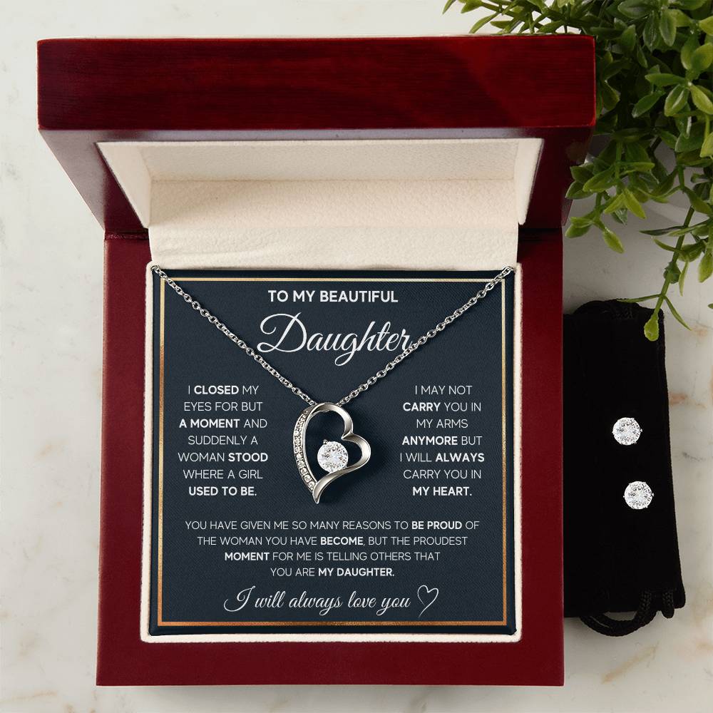 To My Daughter, I Will Always Carry You In My Heart - Forever Love Heart Necklace and Earring Set