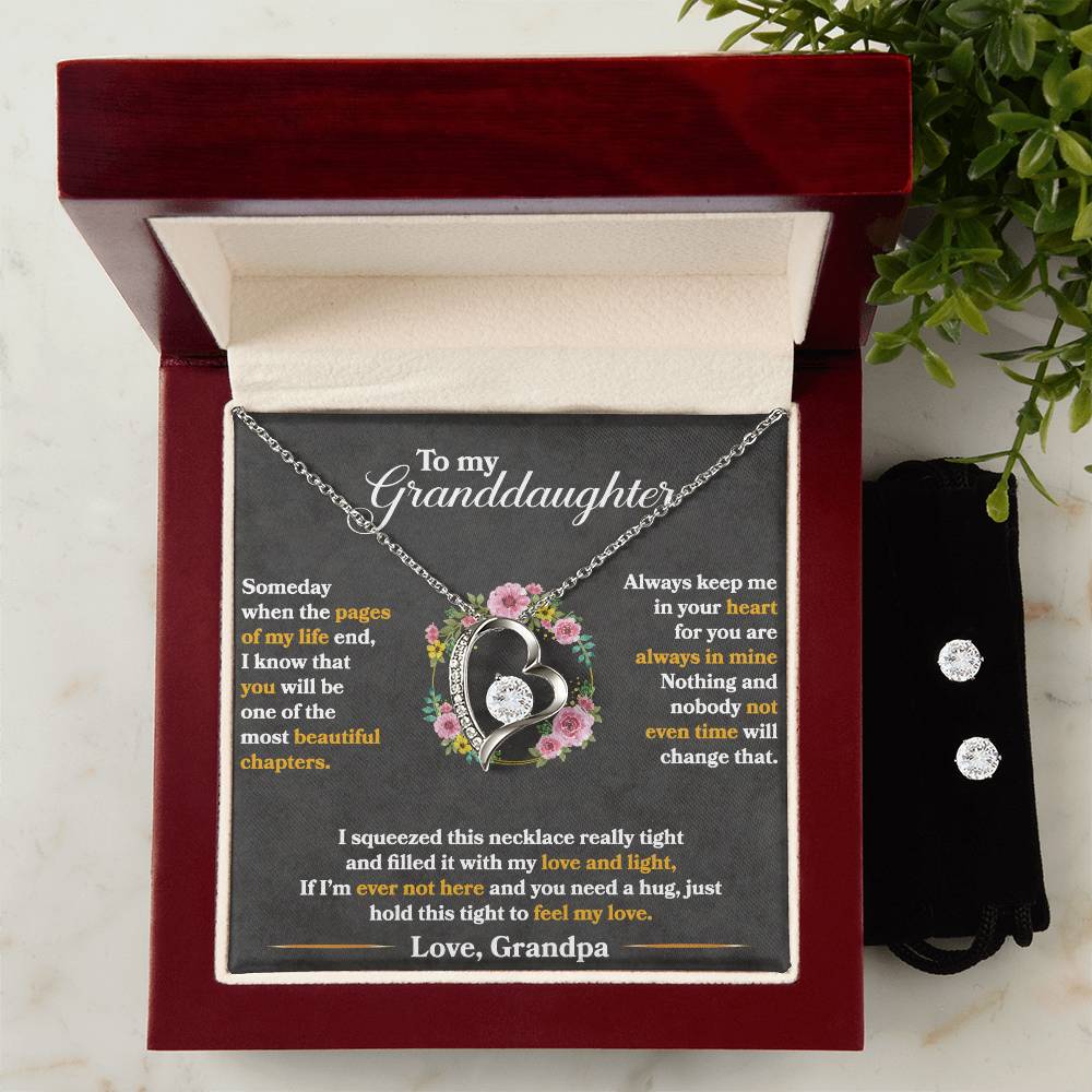 To My Granddaughter, Hold This Tight To Feel My Love - Forever Love Heart Necklace and Earring Set
