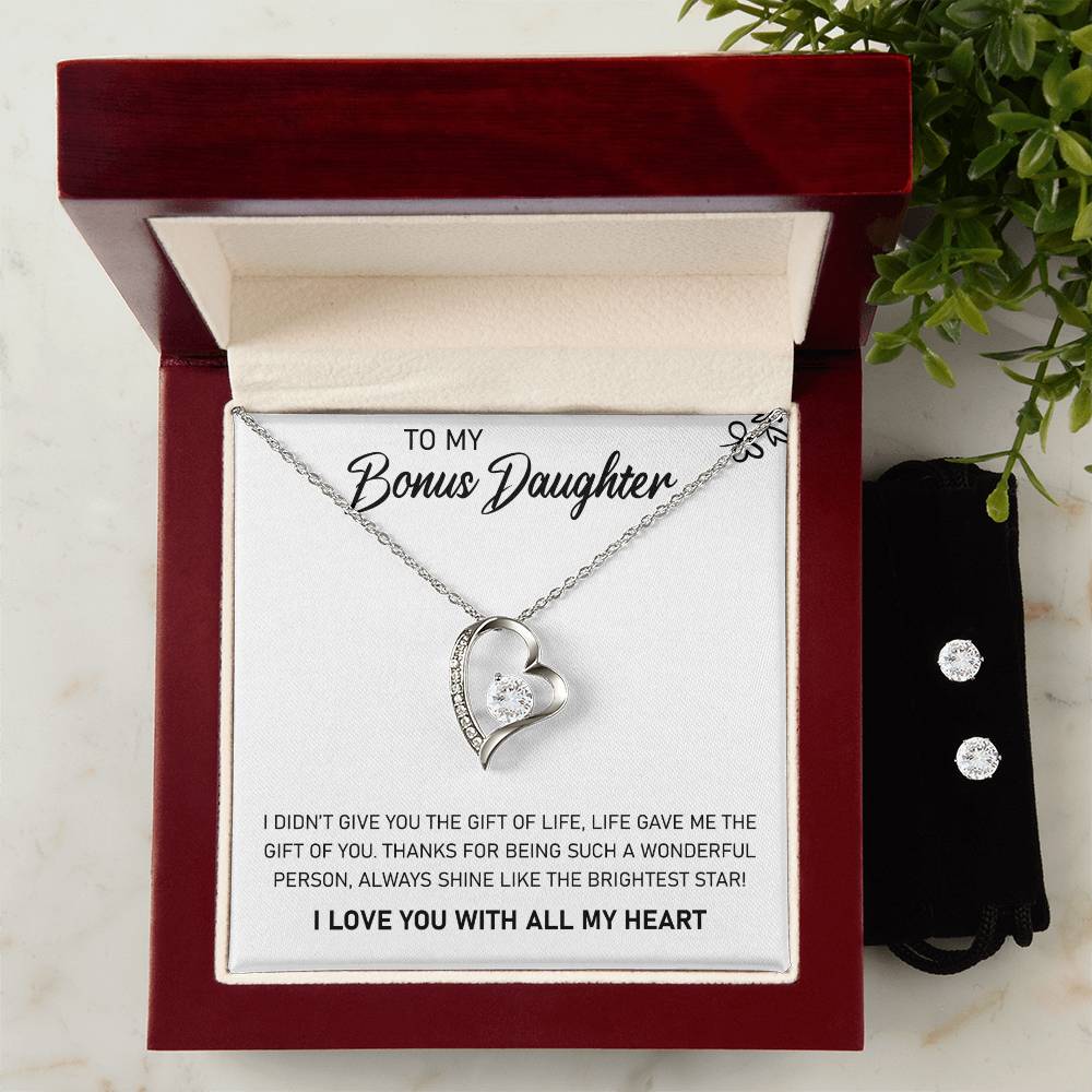 To My Bonus Daughter, Always Shine Like The Brightest Star - Forever Love Heart Necklace and Earring Set