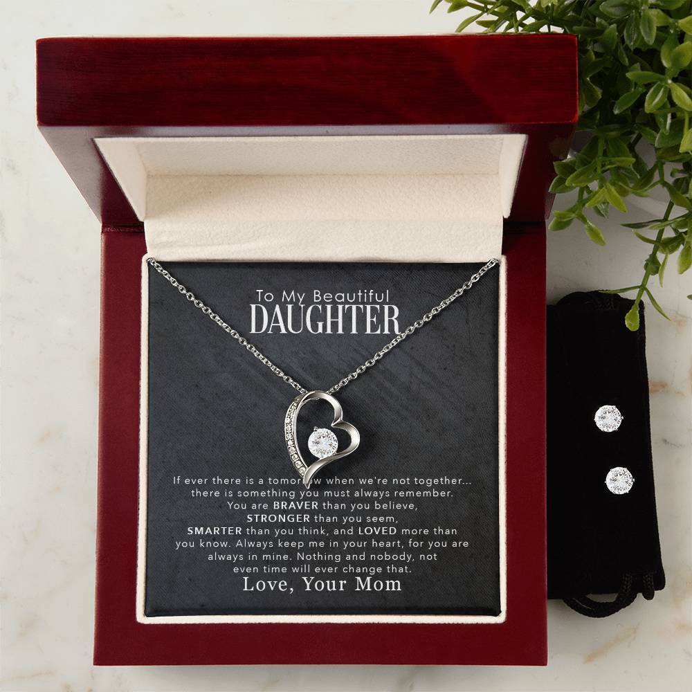 To My Beautiful Daughter, You Are Braver Than You Believe - Forever Love Heart Necklace and Earring Set