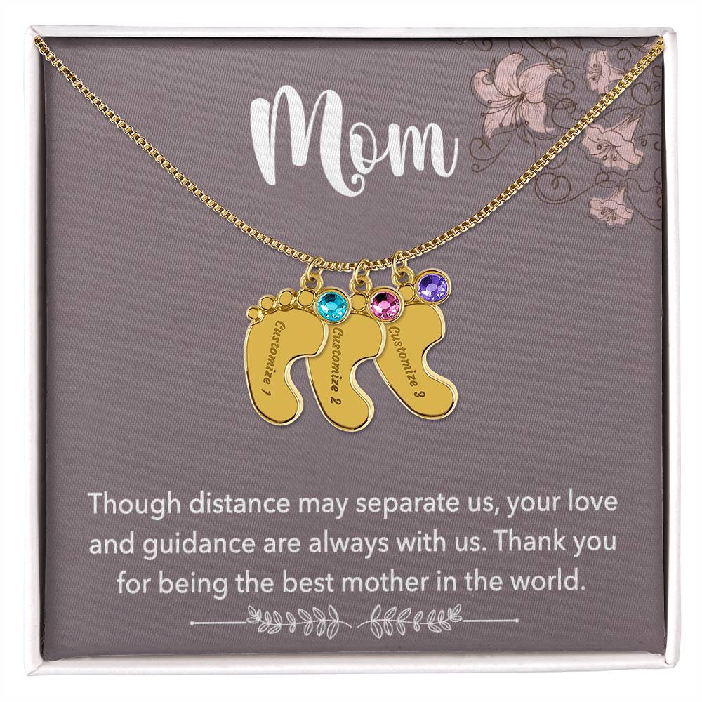 Mom, Though distance may separate us, Baby foot name engraved charm necklace with birthstones