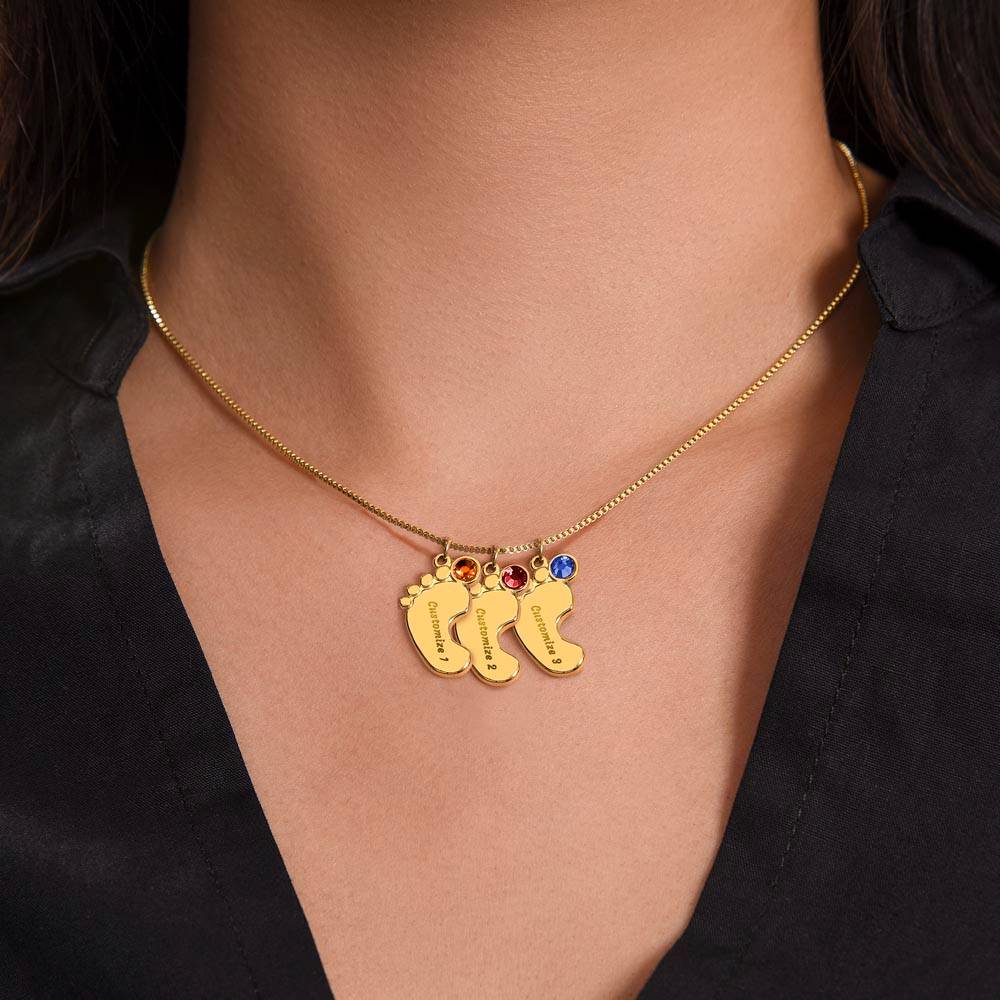 Mom, Though distance may separate us, Baby foot name engraved charm necklace with birthstones