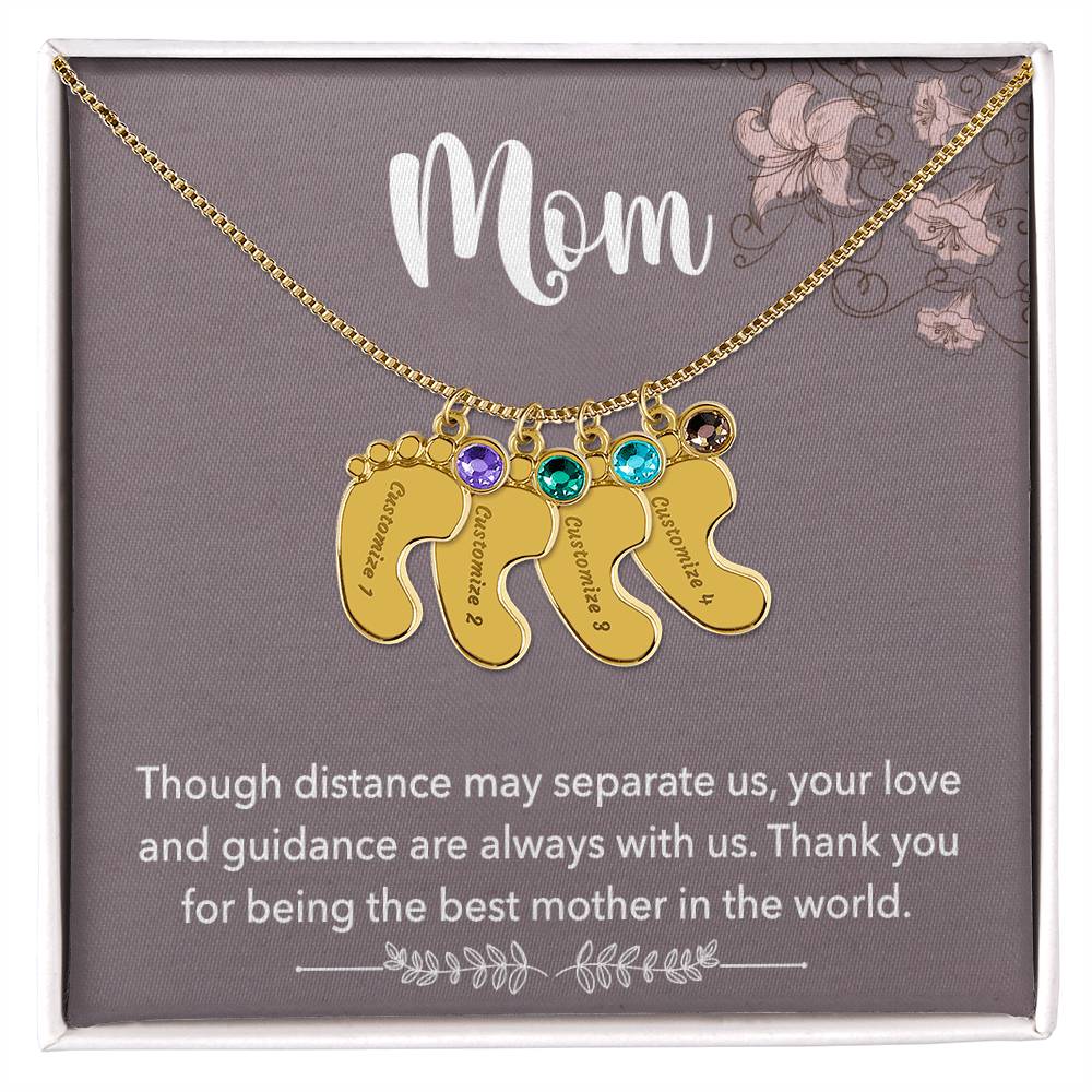 Mom, Though distance may separate us, Baby foot name engraved charm necklace with birthstones
