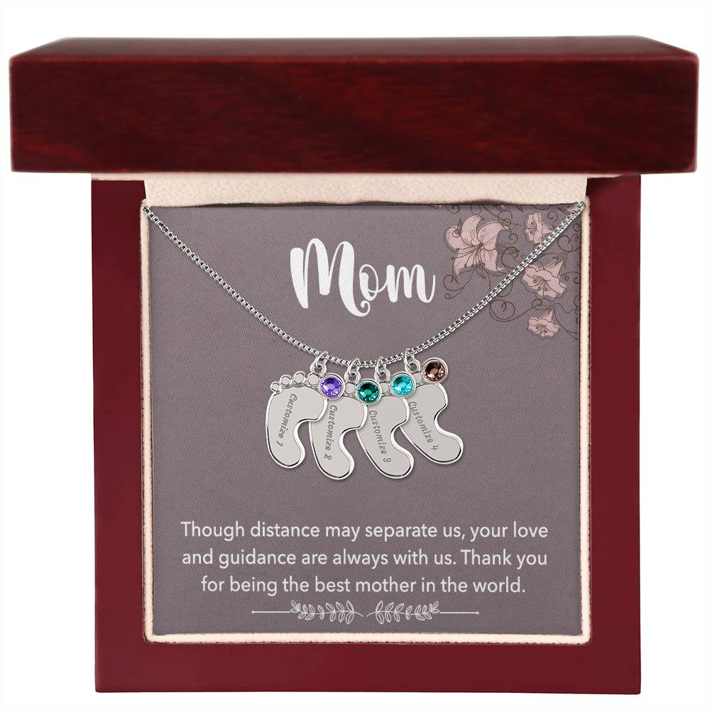 Mom, Though distance may separate us, Baby foot name engraved charm necklace with birthstones