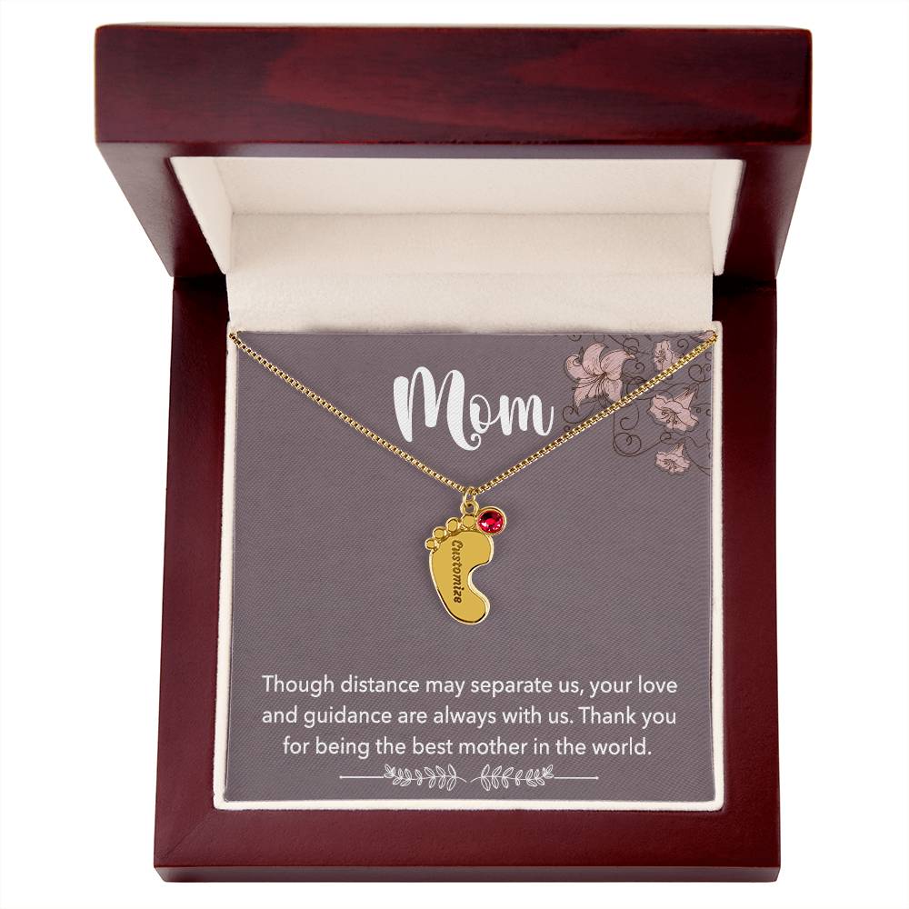 Mom, Though distance may separate us, Baby foot name engraved charm necklace with birthstones