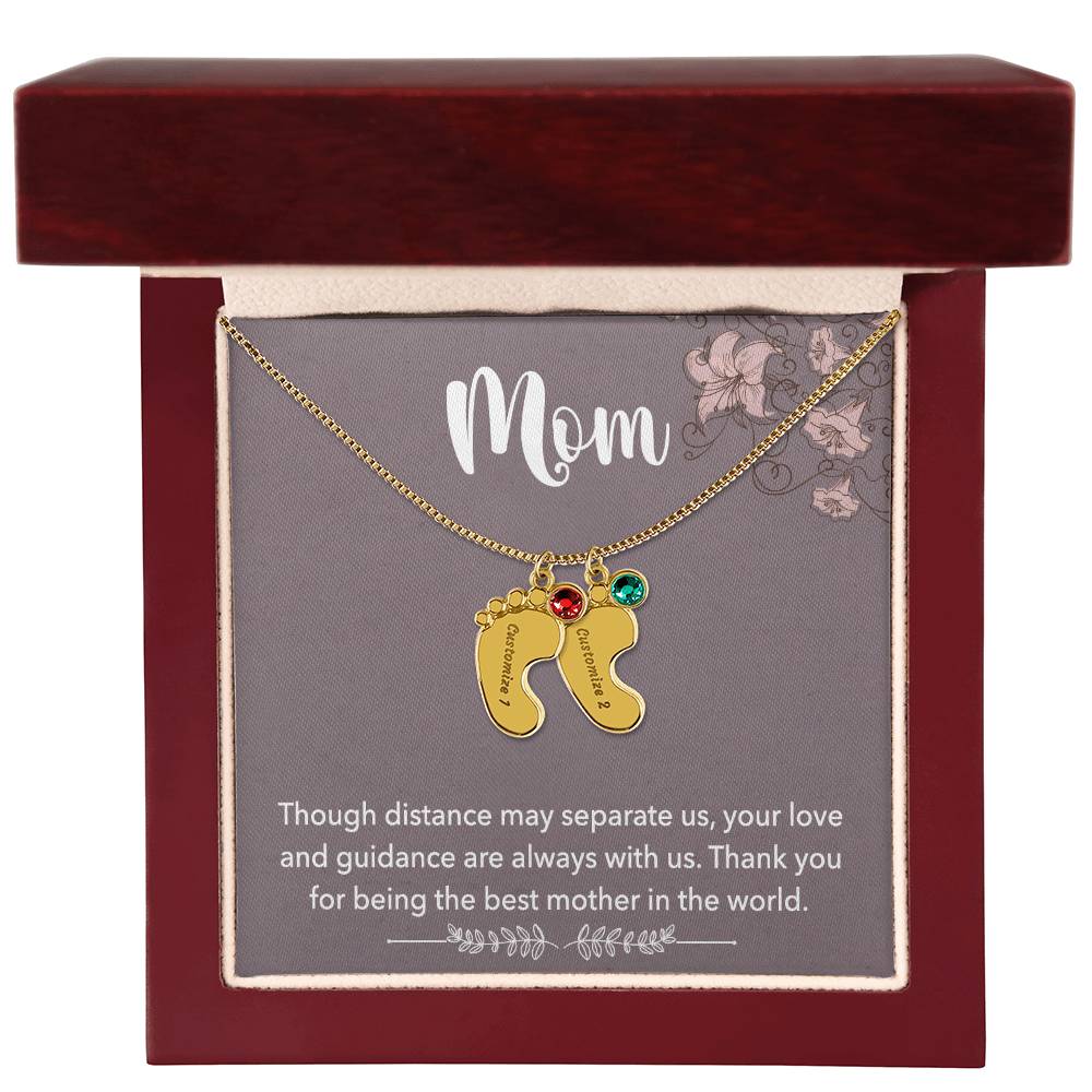 Mom, Though distance may separate us, Baby foot name engraved charm necklace with birthstones