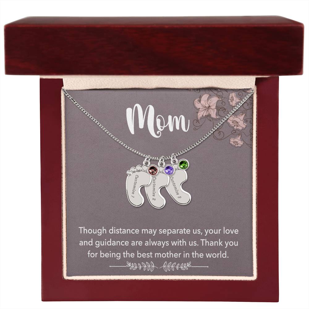Mom, Though distance may separate us, Baby foot name engraved charm necklace with birthstones