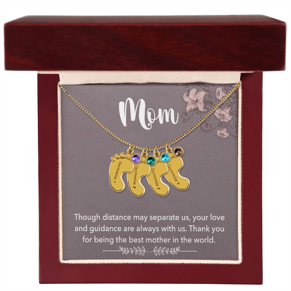 Mom, Though distance may separate us, Baby foot name engraved charm necklace with birthstones